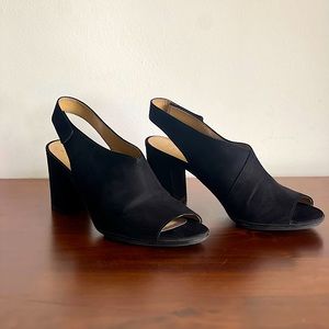 Black Suede Naturalizer Open Toe Block Heel; Size 10, Velcro ankle